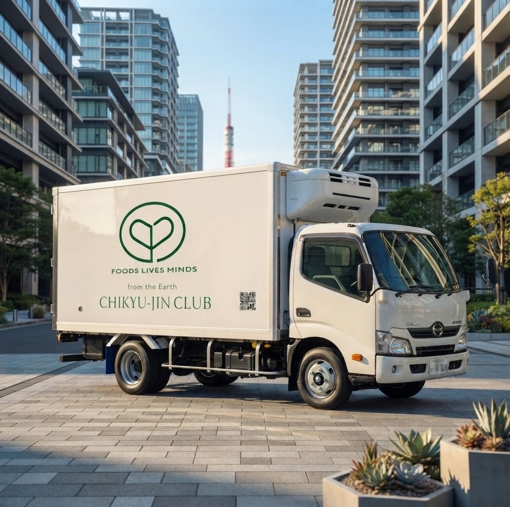 地球人倶楽部のロゴを掲げた自社冷蔵車